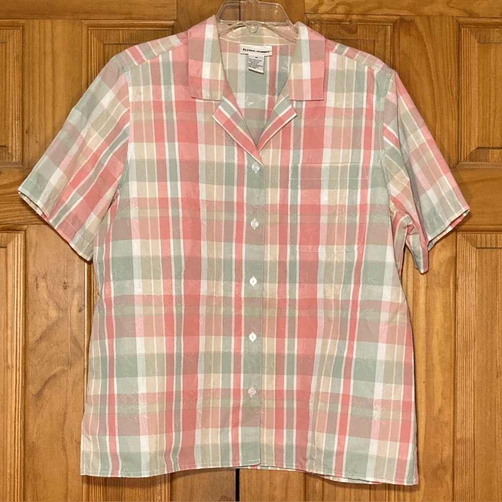 EUC Alfred Dunner Vintage 90s Top Short Sleeve Blouse Plaid Orange Green Size 14